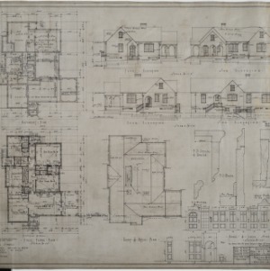 Basement plan, first floor plan, elevations
