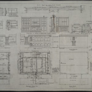 First floor plan, basement floor plan, partial elevations