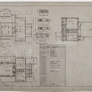 Basement plan, first floor plan, roof plan