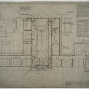 First floor plan, proscenium arch detail, door schedule, window schedule
