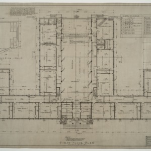 First floor plan, proscenium arch detail, door schedule, lintel schedule