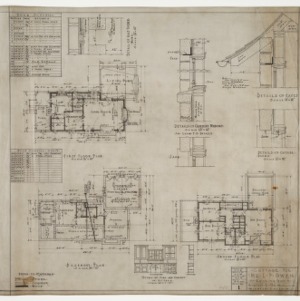 Basement plan, first floor plan, second floor plan, various details