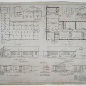 Foundation plan, first floor plan, front elevation, rear elevation, left elevation, right elevation