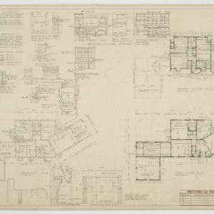 Basement plan, first floor plan, various details