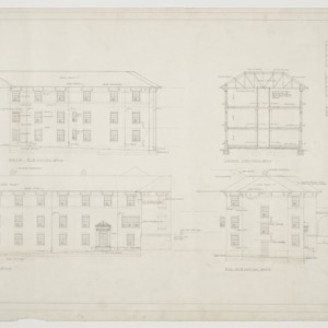 Front elevation, rear elevation, end elevation, cross section, window types