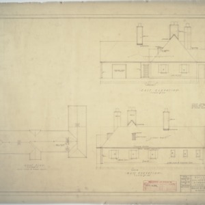 Building 'A' roof plan, east elevation, and west elevation