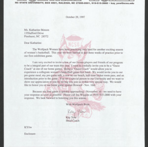 Letter from Kay Yow to Katharine Stinson, October 29, 1997
