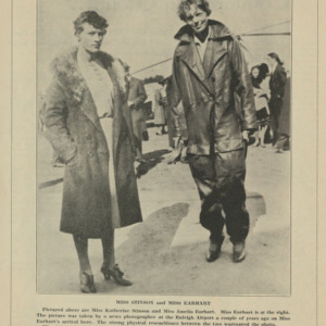 "Birds of A Feather": Katherine Stinson standing with Amelia Earhart, 1937