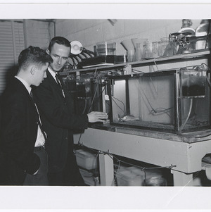 Douglas Mattox and man looking at fish, January 1963
