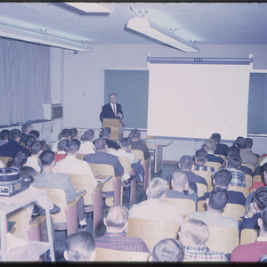 Students sitting in lecture, circa February 1968