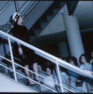 Women standing around staircase of Harrelson Hall, circa August 1964