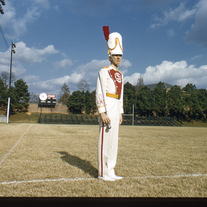 Marching band member in Riddick Stadium Field, circa 1965