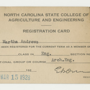 Martha Andrews's registration card for English class, March 15, 1928