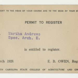 Martha Andrews's permit to register, March 1928