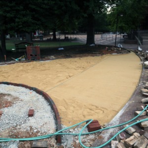 Construction of brick pathway near D. H. Hill Jr. Library
