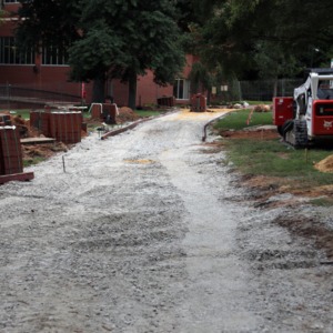 Construction of brick pathway near D. H. Hill Jr. Library