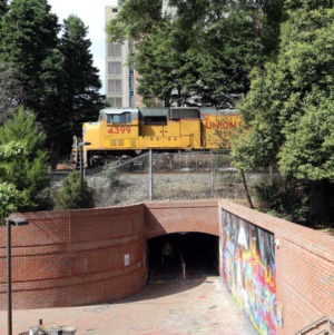 Train passing above Free Expression Tunnel