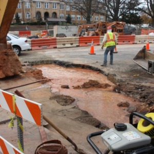 Water line break during Hillsborough Street roundabout construction