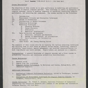 IOR 768 Modelling and Performance Evaluation of Computer Systems Course Description, [mid-1970s?]
