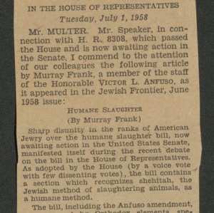 Humane Slaughter, House of Representatives