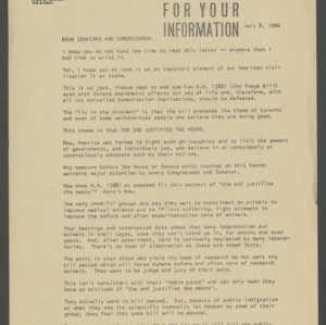 Laboratory Animal Bill: Opposition Too Weak, Correspondence, 1960-1966