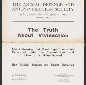 The truth about vivisection: chart showing that cruel experiments are permitted under the present law, and ow it is administered; how medical students are taught vivisection