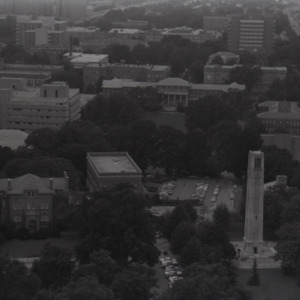 Aerial view of campus, with Memorial Bell Tower, 1973