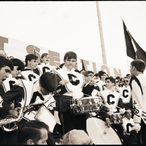 USC marching band in stands, 1969