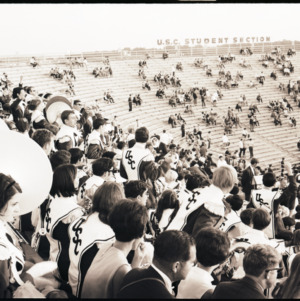 USC marching band in stands, 1969