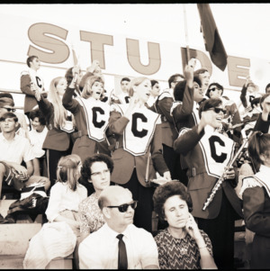 USC marching band and spectators in stands, 1969