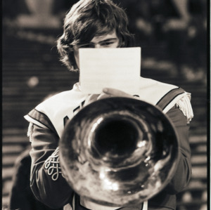 Trumpet player in marching band, circa 1969-1975