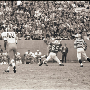 Football players and referee at NC State versus Florida State game, circa 1969-1975