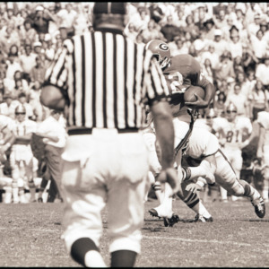Football players and referee at NC State versus Georgia game, 1973