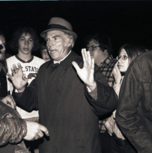 John Caldwell and celebrators after basketball victory over UCLA, March 23, 1974