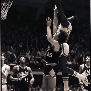 Basketball players at NC State vs. Athletes in Action game, circa 1973-1974