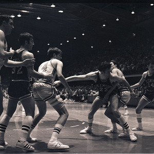 Basketball players at NC State vs. Clemson, circa 1969
