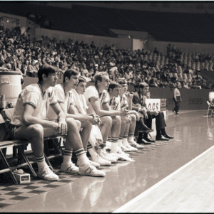 Basketball players and coaches at NC State versus Georgia game, circa 1972-1973