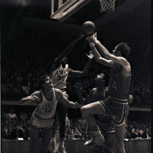 Basketball players at NC State versus Maryland game, circa 1969-1975