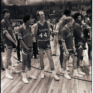 Basketball players at NC State versus Maryland ACC title game, 1973
