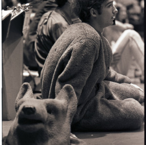 Mascot with head taken off at NC State versus Pittsburgh basketball game, January 22, 1972