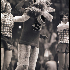 Cheerleaders and mascot at NC State versus UCLA basketball game, circa 1973-1974