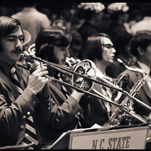 Brass band members at NC State versus Virginia basketball game, circa 1971-1972