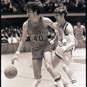 Basketball players at NC State versus Virginia game, 1973 or 1974