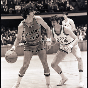 Basketball players at NC State versus Virginia game, circa 1973-1974