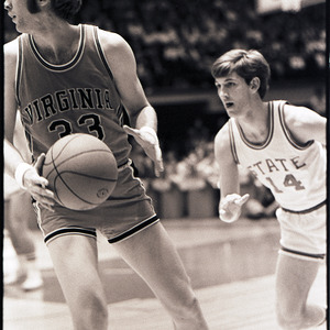Basketball players at NC State versus Virginia game, circa 1973-1974