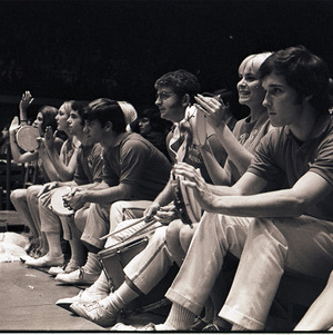 Band members and cheerleaders at NC State versus Virginia Tech basketball game, circa 1969-1975