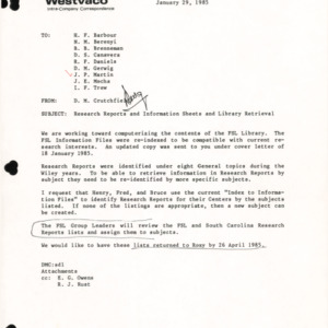Research Reports and Information Sheets and Library Retrieval, 1985 (Correspondence)