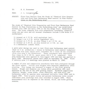 First-Year Results from the Study of "Chemical Site Preparation and the First-Year Herbaceous Weed Control in Pine Plantations on the Parkersburg Area", 1991 (Correspondence)