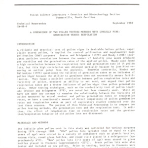 A Comparison of Two Pollen Testing Methods with Loblolly Pine: Germination Versus Respiration, 1988 (Forest Science Laboratory - Genetics and Biotechnology Section TM-88-9)