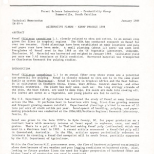 Alternative Fibers - Kenaf Project 1988, 1989 (Forest Science Laboratory - Productivity Group TM-89-4)